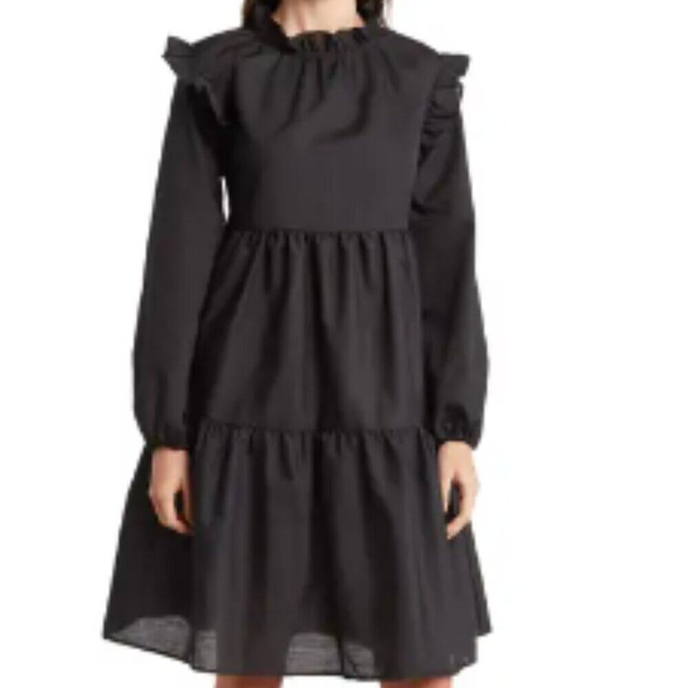 LOVE...ADY Long Sleeve Tiered Cotton Peasant Dress Black L